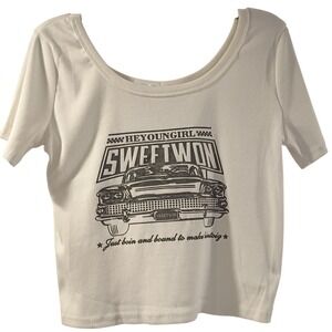 White Car Crop Top Women's S/M Short Sleeve Scoop Neck Graphic Print Stretch Tee
